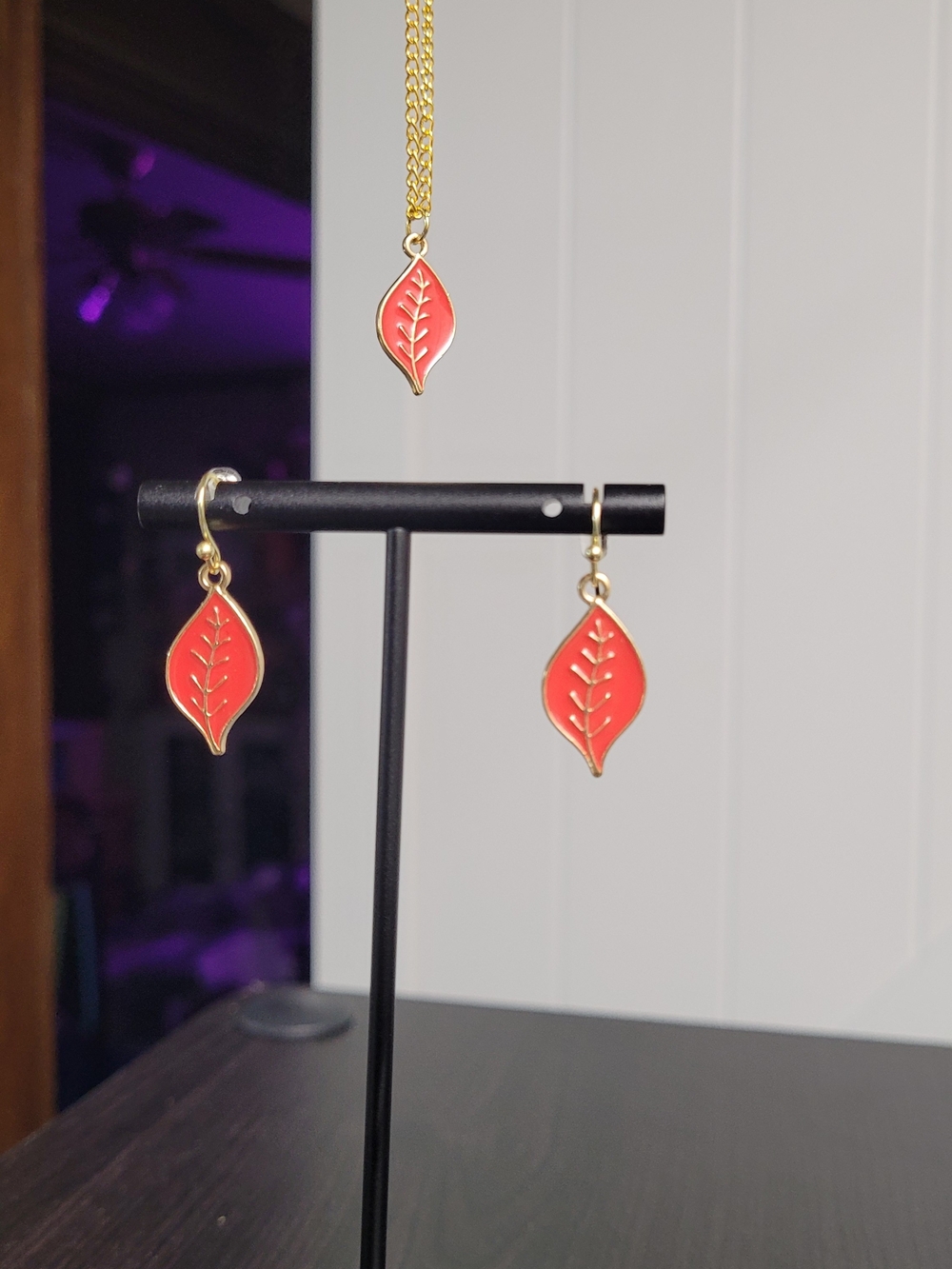Hand Crafted Gold and Red Leaf Dangle Earrings